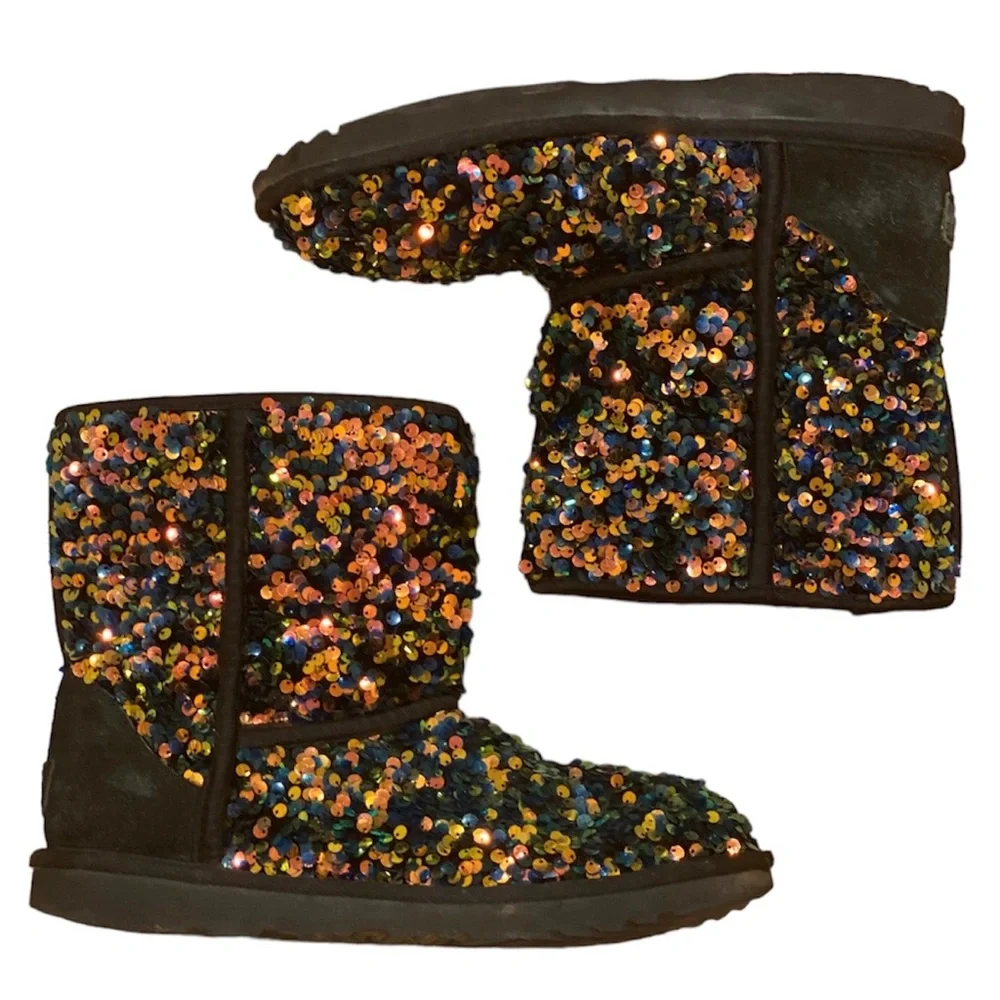 Ugg Sequin Mini Stellar Classic Short Boots Black Sheepskin Cozy 6 Multicolor